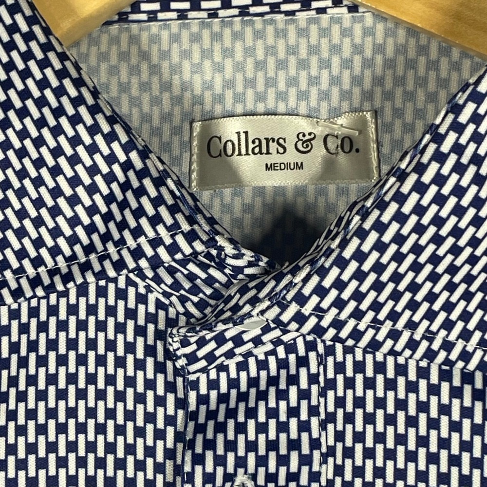 Collars & Co Mens Dress Collar Polo Shirt Medium Blue White Geometric Print - Picture 3 of 8